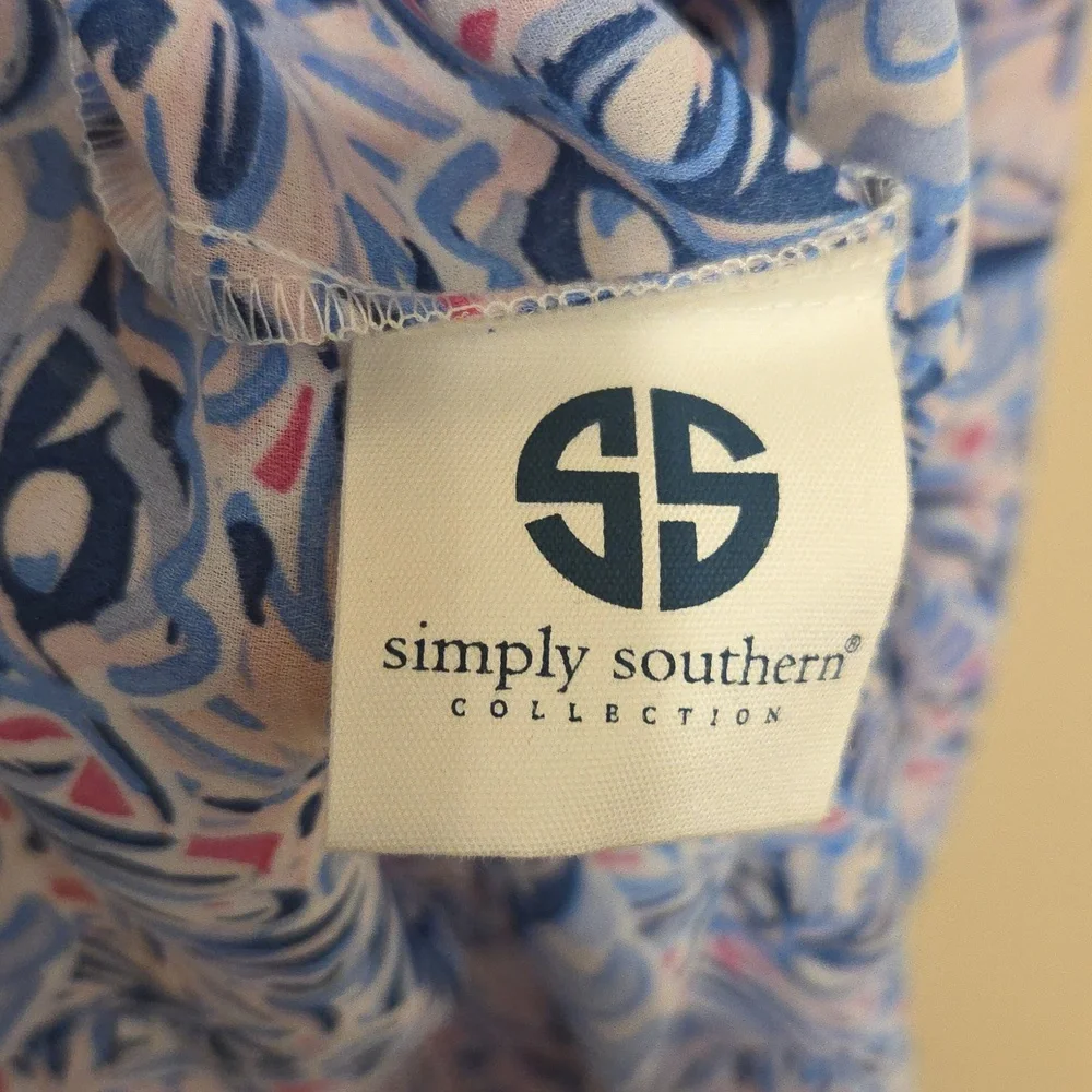 Simply Southern Blue & Pink Leaf Patterned Flowy Smocked Dress Size Youth Small
